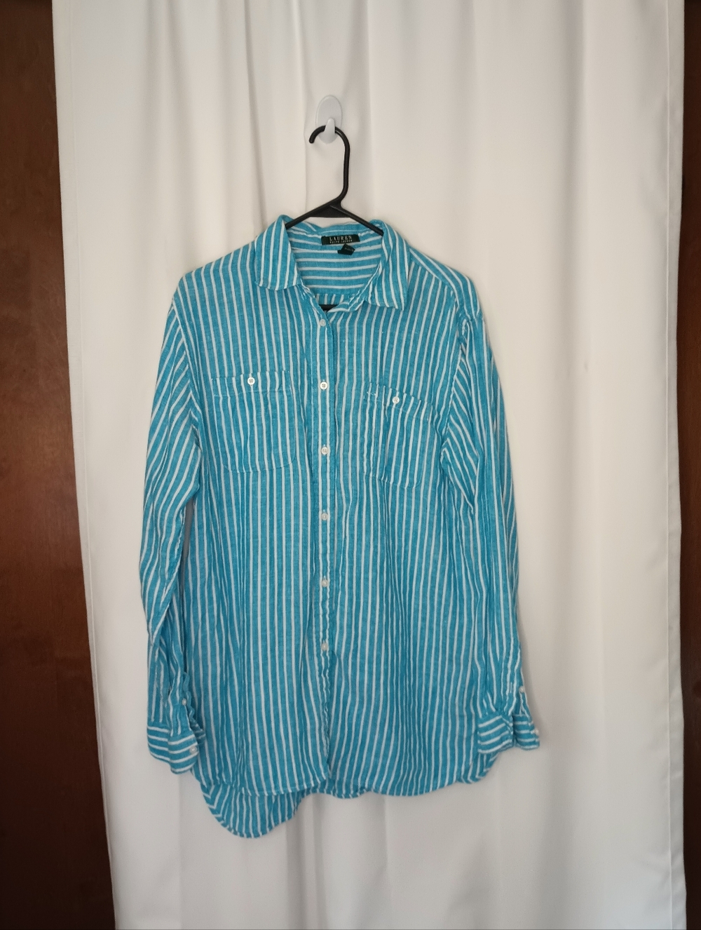 Lauren Ralph Laurens Womens Linen Button Up Top XL Blue Stripe Preppy Naitical